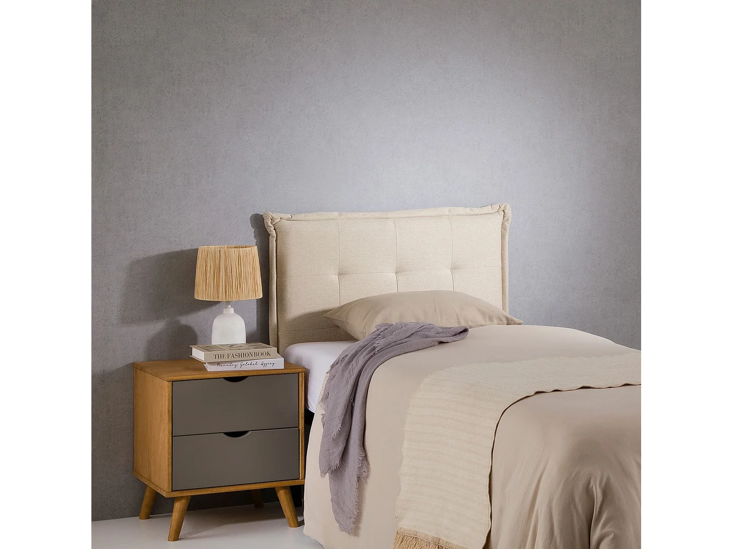 Tête de lit JALEYA 90 capitonnée, En tissu rembourré, Pieds en bois, Design élégant, Pour lits 90 cm, Écru