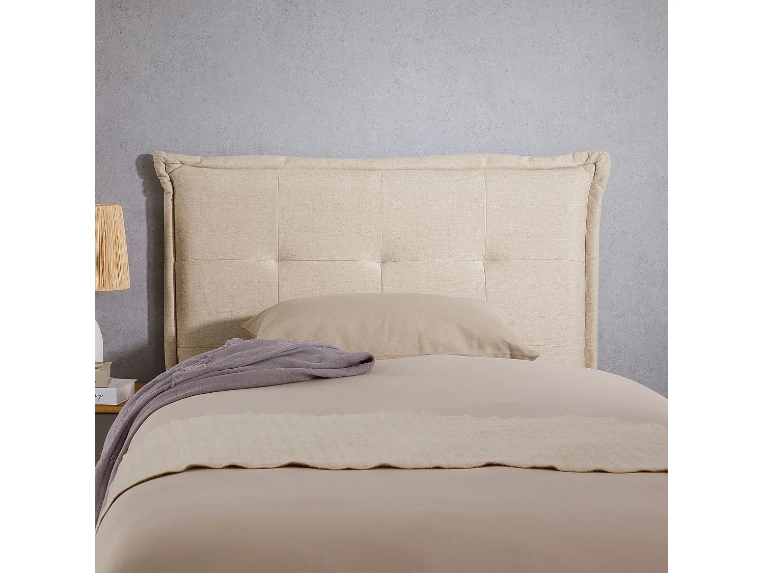 Tête de lit JALEYA 90 capitonnée, En tissu rembourré, Pieds en bois, Design élégant, Pour lits 90 cm, Écru