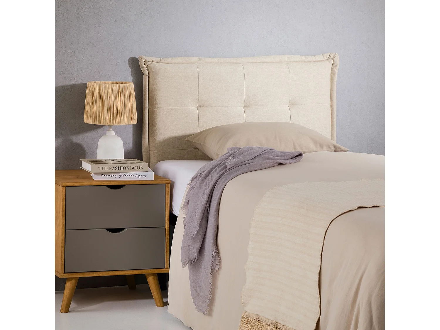 Tête de lit JALEYA 90 capitonnée, En tissu rembourré, Pieds en bois, Design élégant, Pour lits 90 cm, Écru