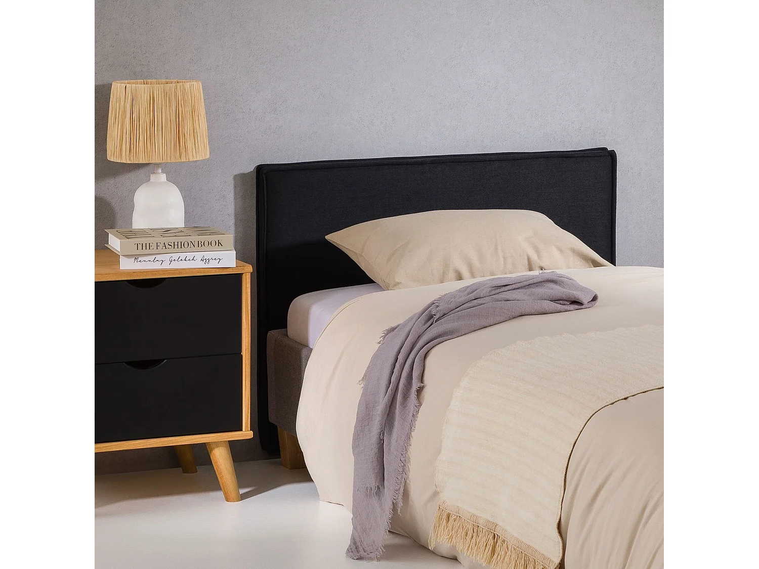 Tête de lit ANISA 90 rembourrée, En tissu polyester pour lit 90 cm, Sur pieds en plastique, Noir