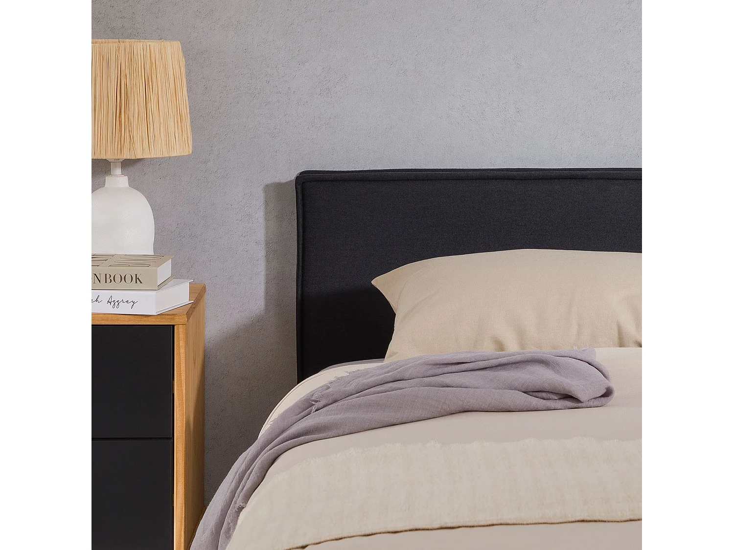 Tête de lit ANISA 90 rembourrée, En tissu polyester pour lit 90 cm, Sur pieds en plastique, Noir