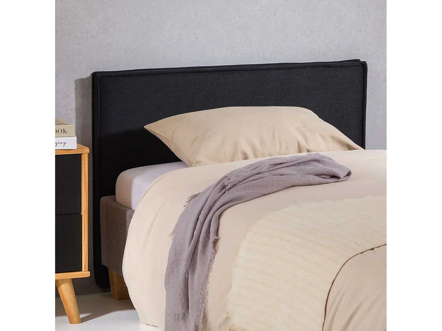 Tête de lit ANISA 90 rembourrée, En tissu polyester pour lit 90 cm, Sur pieds en plastique, Noir