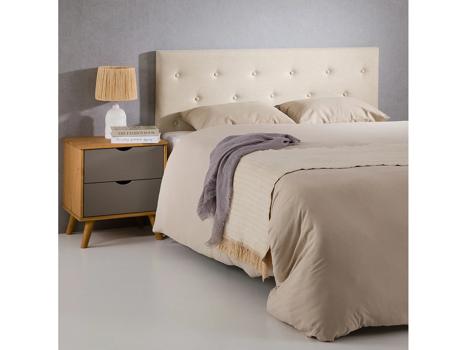 Tête de lit LULINE 160 capitonnée, En tissu rembourré, Pieds en bois, Design élégant, Pour lits 160 cm, Écru