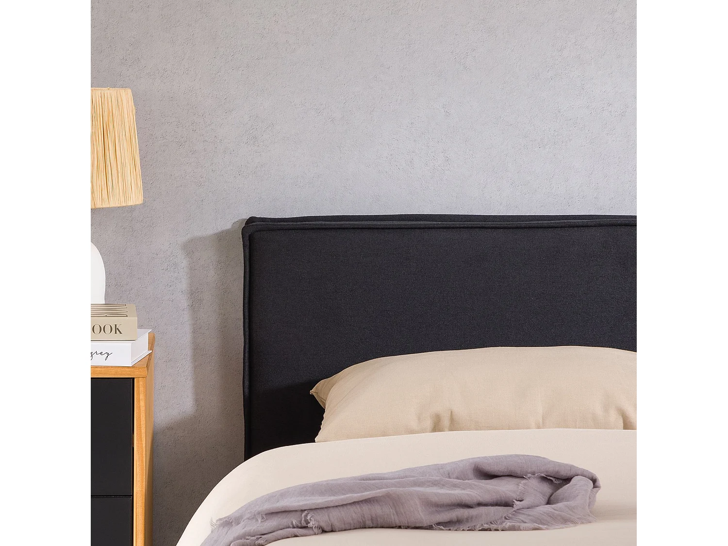 Tête de lit KLAO 160 rembourrée, En tissu polyester pour lit 160 cm, Sur pieds en plastique, Noir