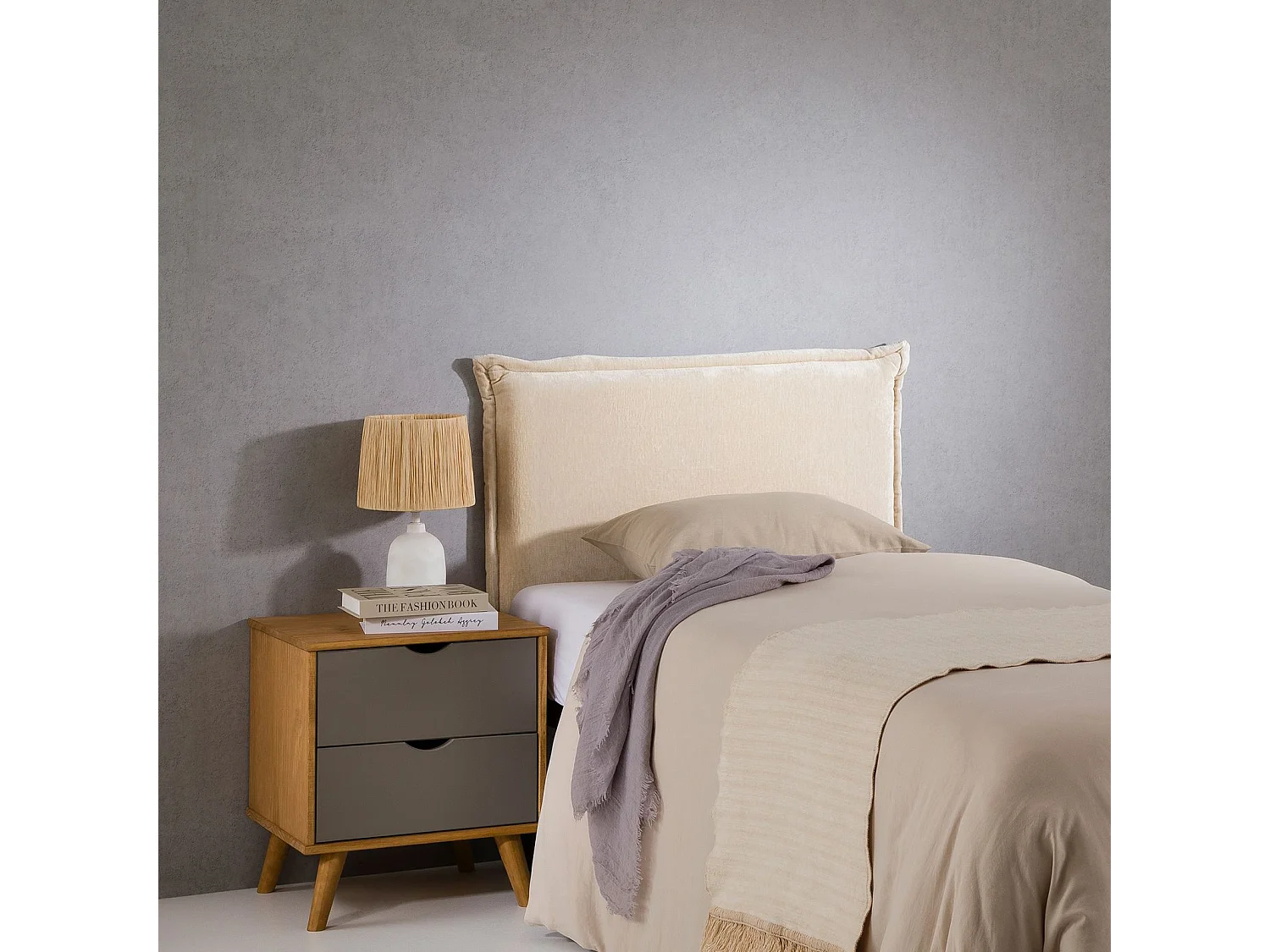 Tête de lit DELMO 90 rembourrée, En tissu polyester pour lit 90 cm, Sur pieds en bois, Blanc crème