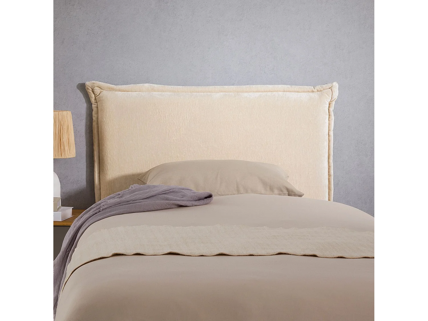 Tête de lit DELMO 90 rembourrée, En tissu polyester pour lit 90 cm, Sur pieds en bois, Blanc crème