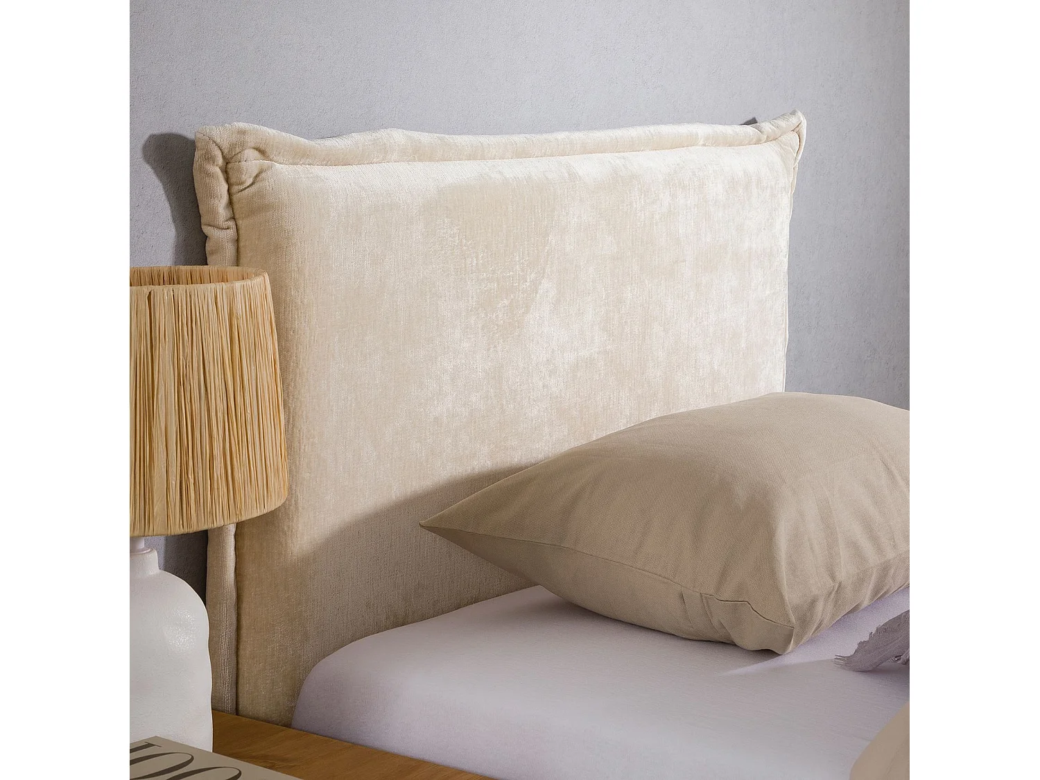 Tête de lit DELMO 90 rembourrée, En tissu polyester pour lit 90 cm, Sur pieds en bois, Blanc crème