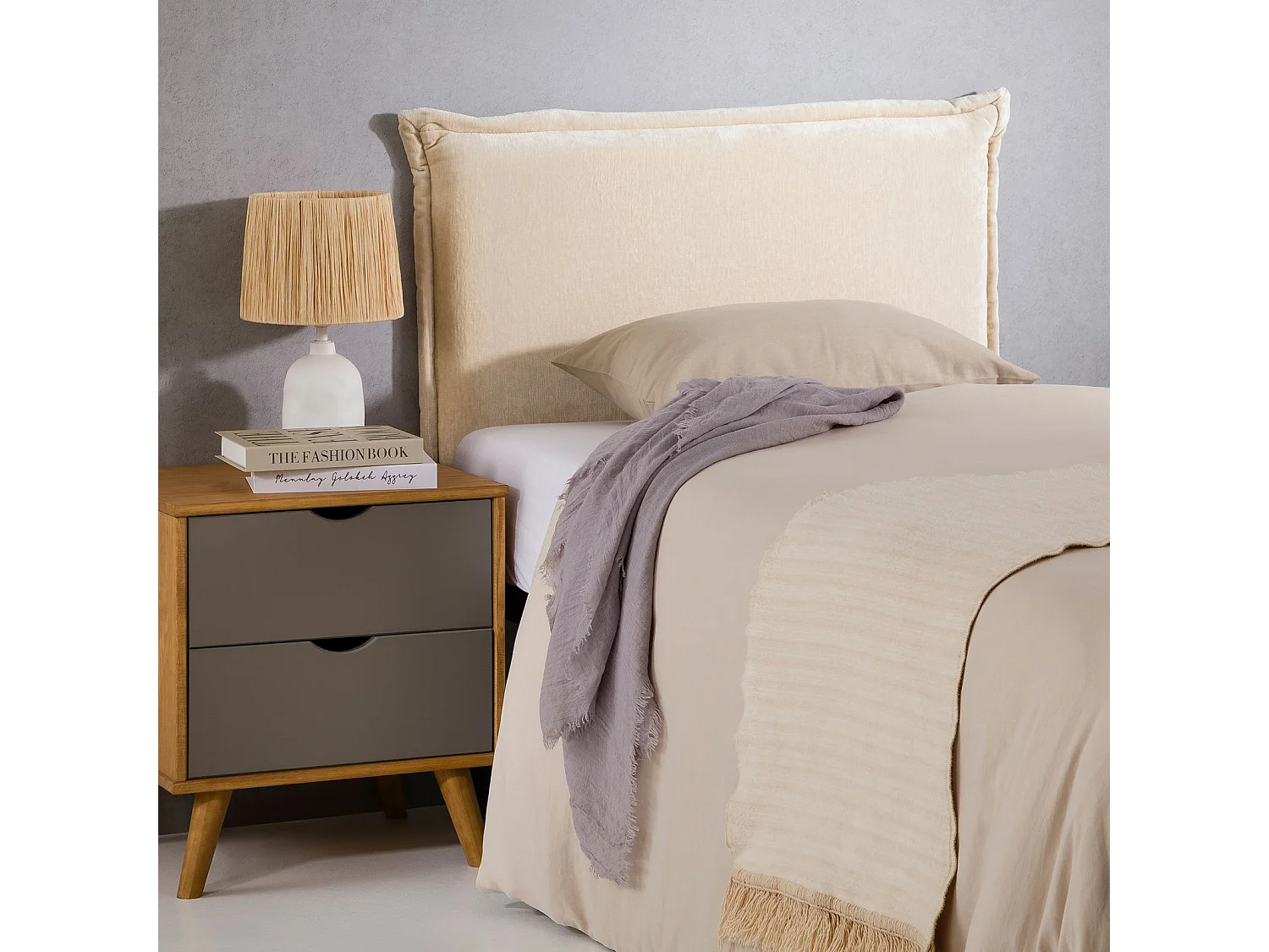 Tête de lit DELMO 90 rembourrée, En tissu polyester pour lit 90 cm, Sur pieds en bois, Blanc crème