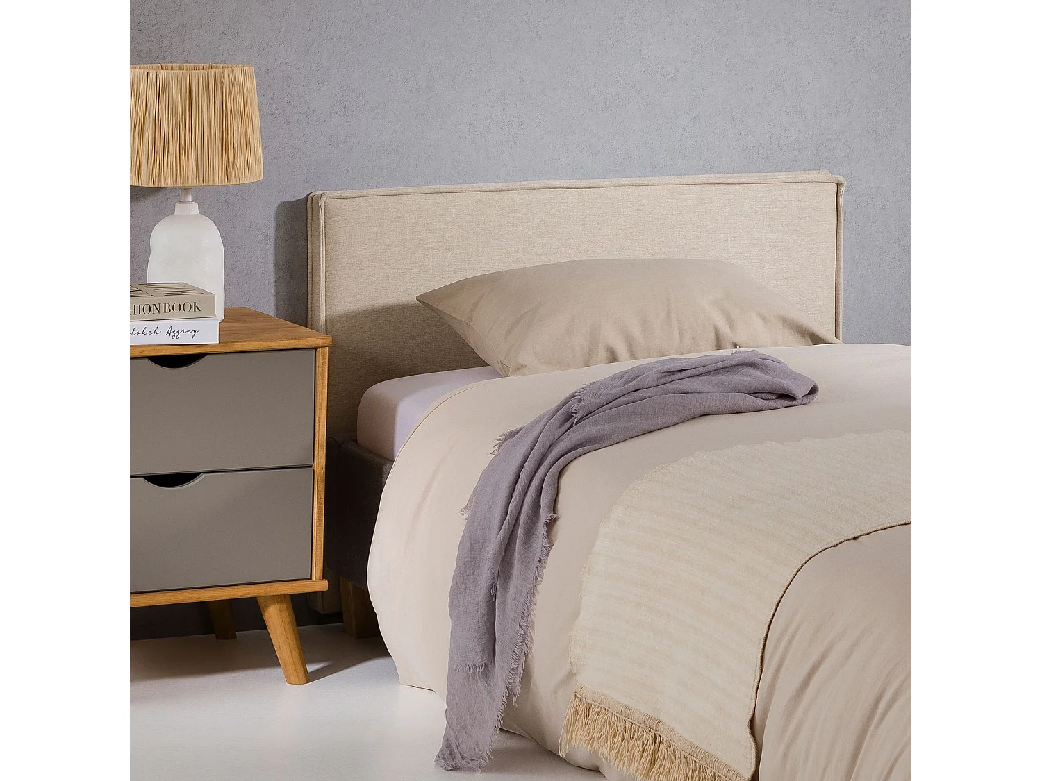 Tête de lit ANISA 90 rembourrée, En tissu polyester pour lit 90 cm, Sur pieds en plastique, Écru