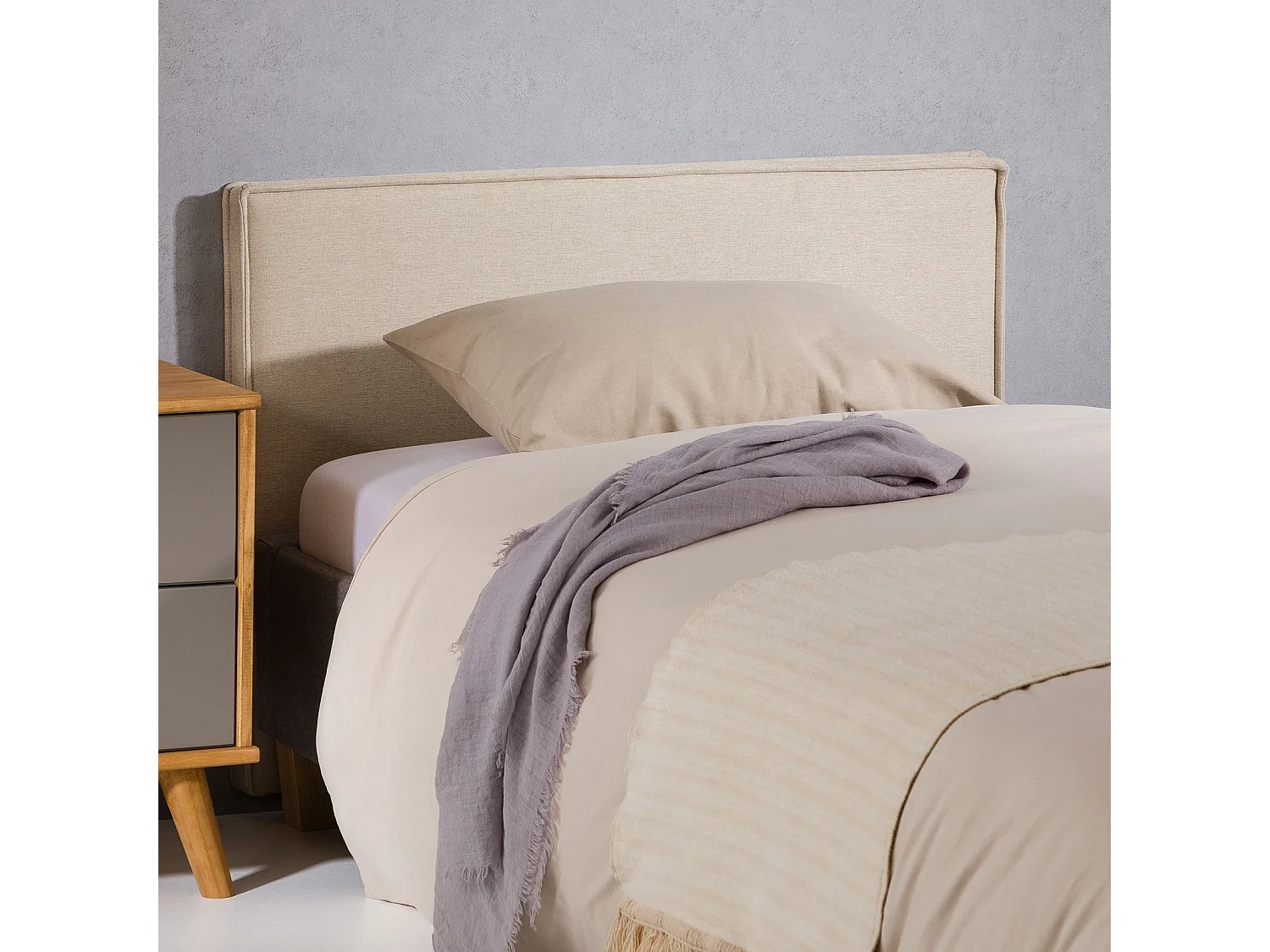 Tête de lit ANISA 90 rembourrée, En tissu polyester pour lit 90 cm, Sur pieds en plastique, Écru