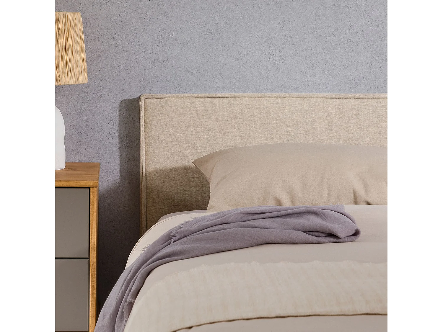 Tête de lit ANISA 90 rembourrée, En tissu polyester pour lit 90 cm, Sur pieds en plastique, Écru