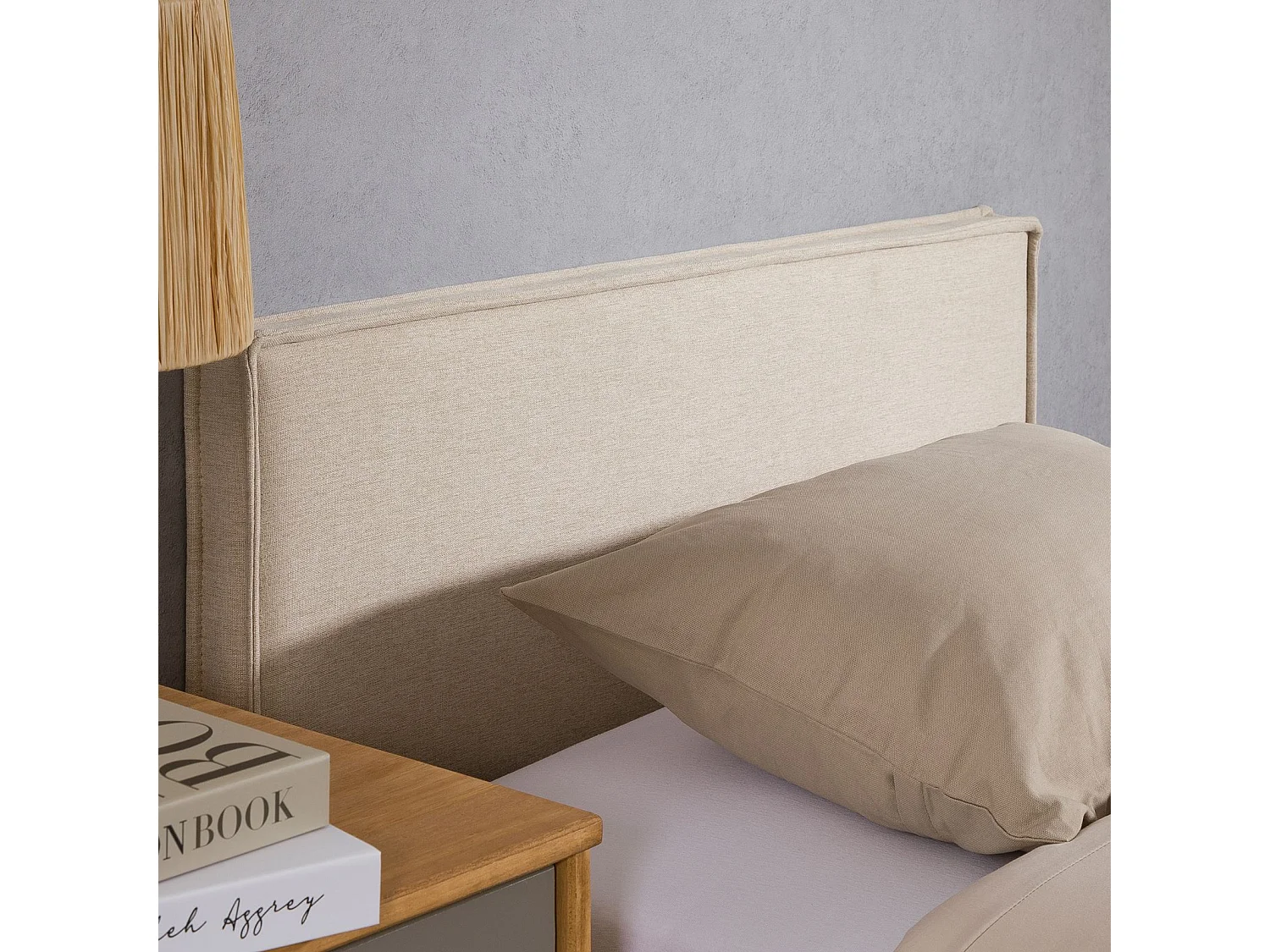 Tête de lit ANISA 90 rembourrée, En tissu polyester pour lit 90 cm, Sur pieds en plastique, Écru