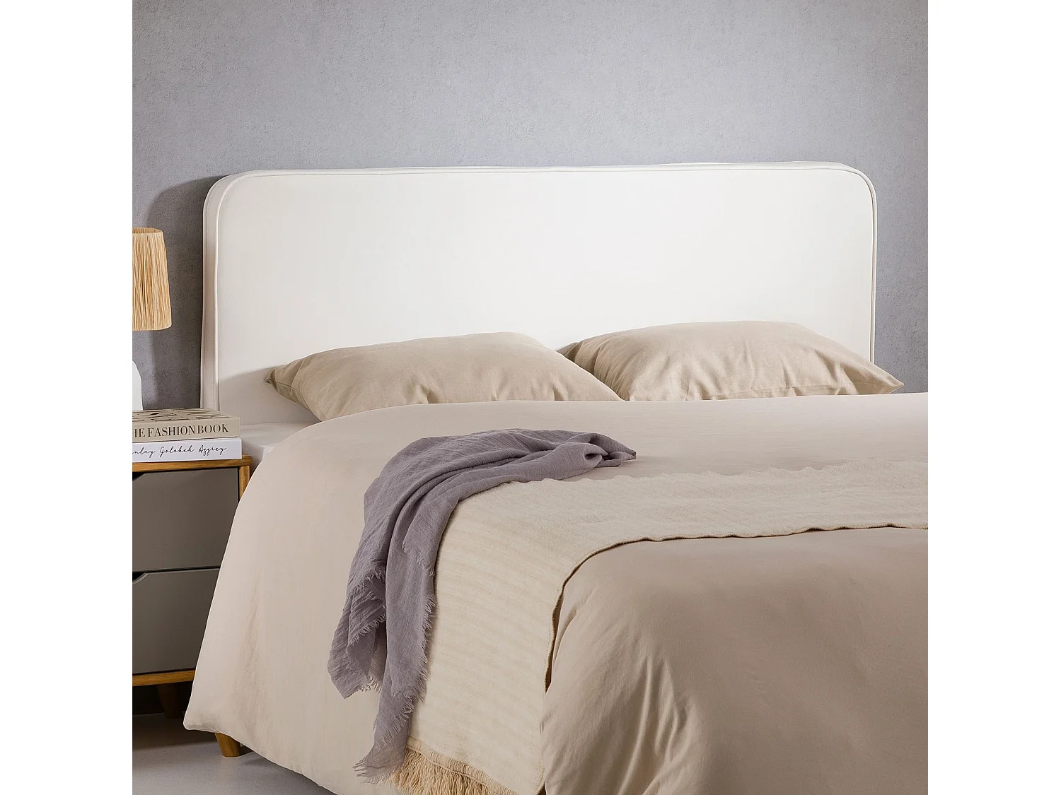 Tête de lit NAOFE 120, Rembourrée, Fixation murale, Design arrondi moderne, Pour lit 120 cm ou moins, Blanc