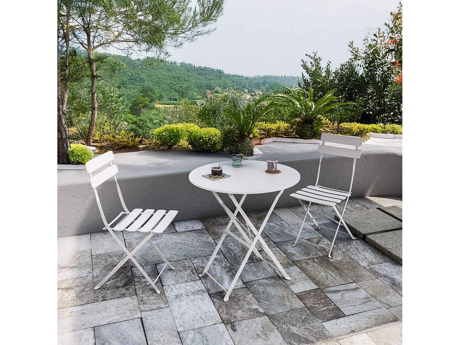 Tavolino Tondo con Sedie Rebecca Mobili Berenj 71x60x60 Acciaio Bianco Moderno SET 3 pz