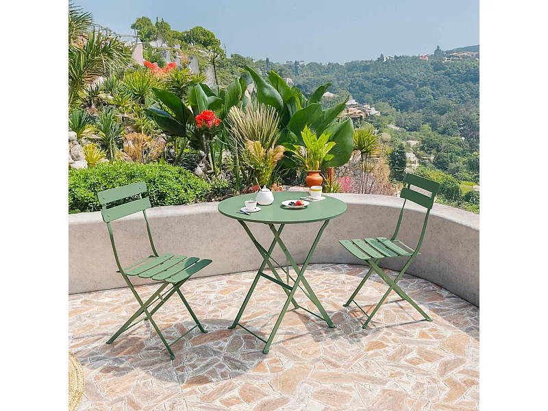 Tavolino Tondo con Sedie Rebecca Mobili Daflah 71x60x60 Acciaio Verde Moderno SET 3 pz