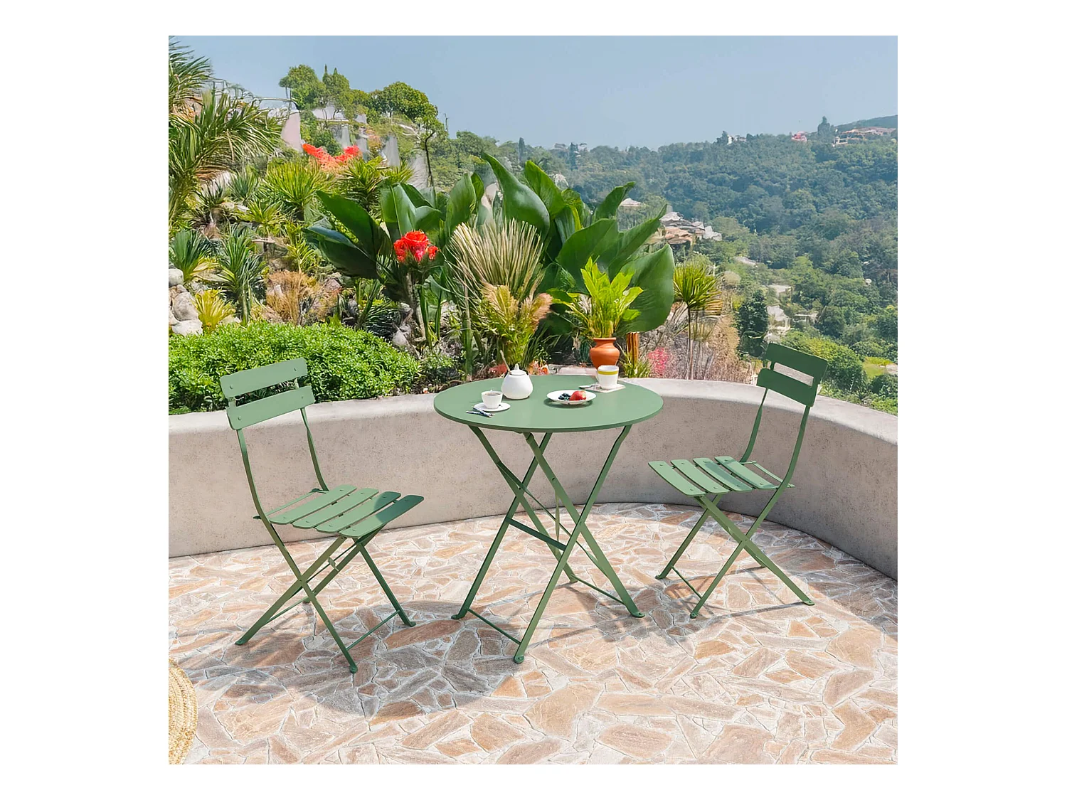 Table Ronde avec Chaises Rebecca Mobili Daflah 71x60x60 Acier Vert Moderne SET 3 pcs