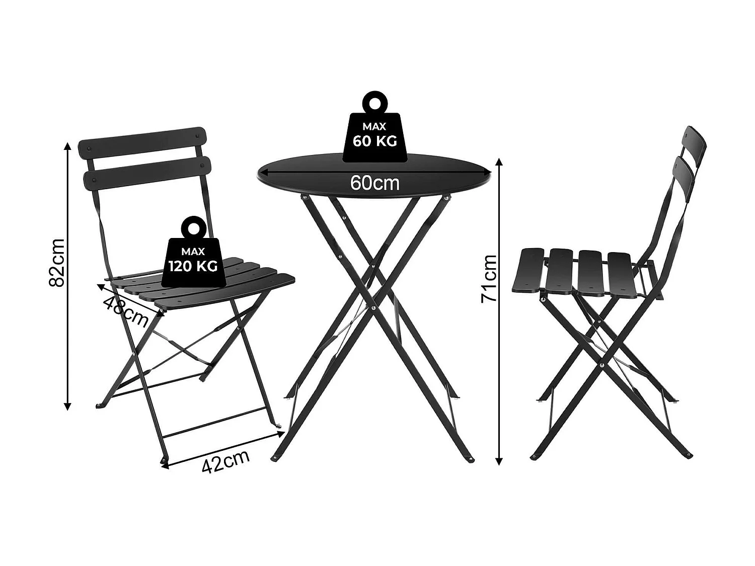 Tavolino Tondo con Sedie Rebecca Mobili Pequi 71x60x60 Acciaio Nero Moderno SET 3 pz