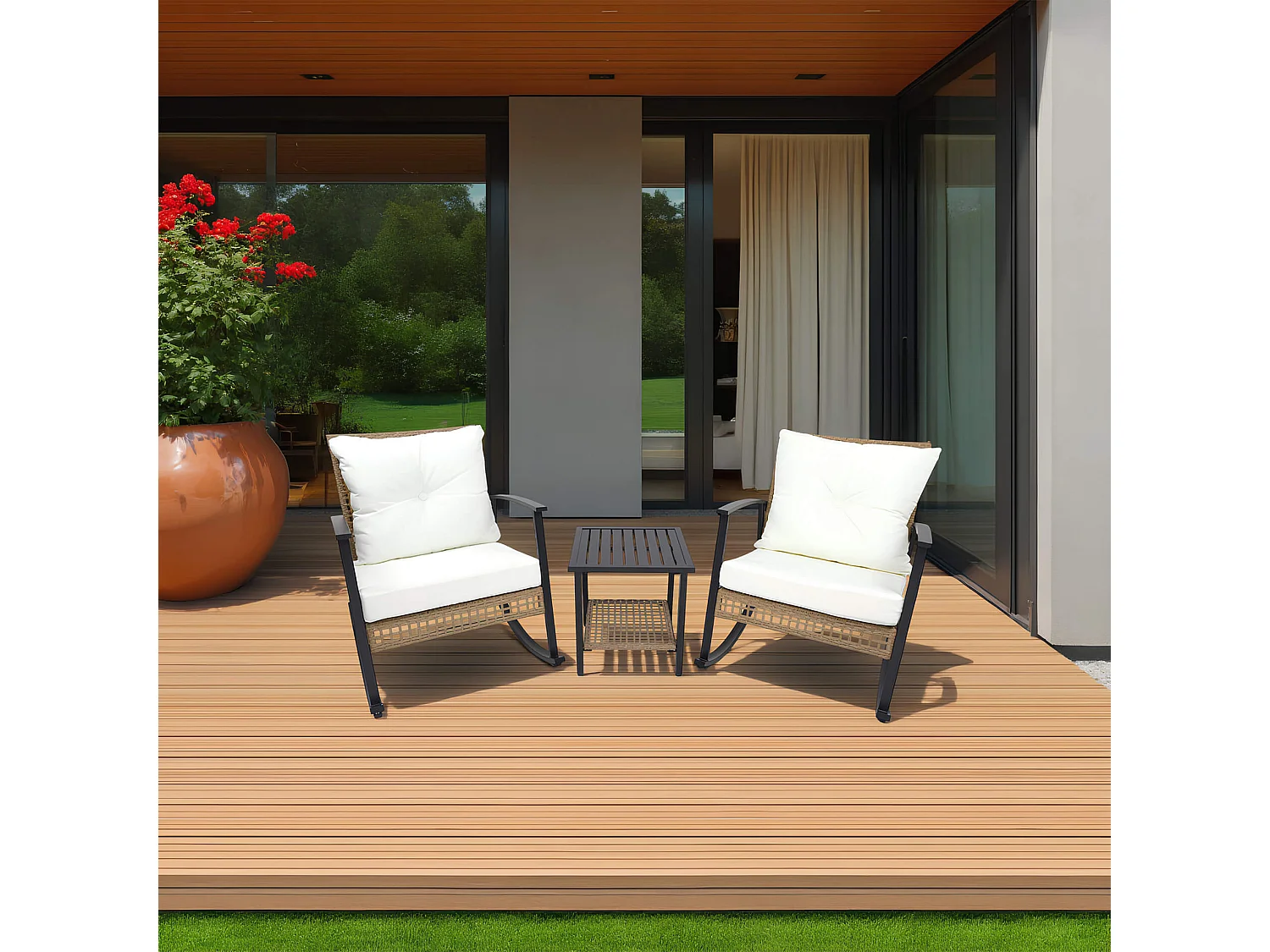 Chaises à Bascule avec Table Rebecca Mobili Niangon 88x66,5x90 Acier Polyrotin Marron Noir ENSEMBLE 3 pcs