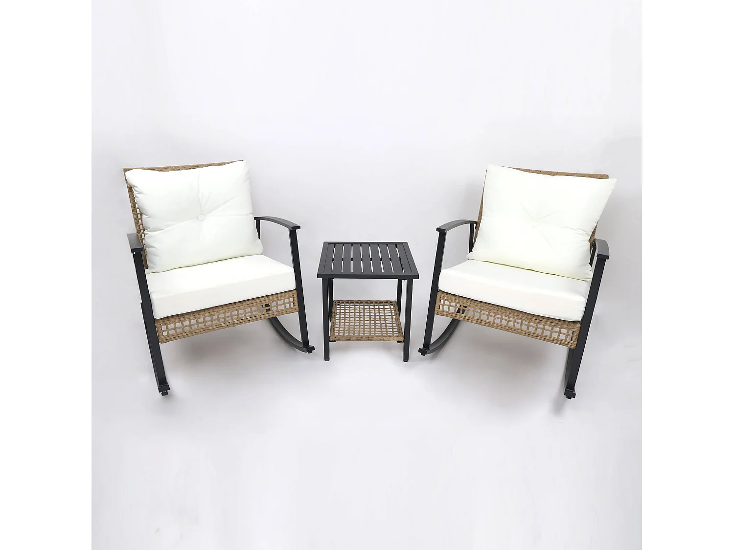 Chaises à Bascule avec Table Rebecca Mobili Niangon 88x66,5x90 Acier Polyrotin Marron Noir ENSEMBLE 3 pcs