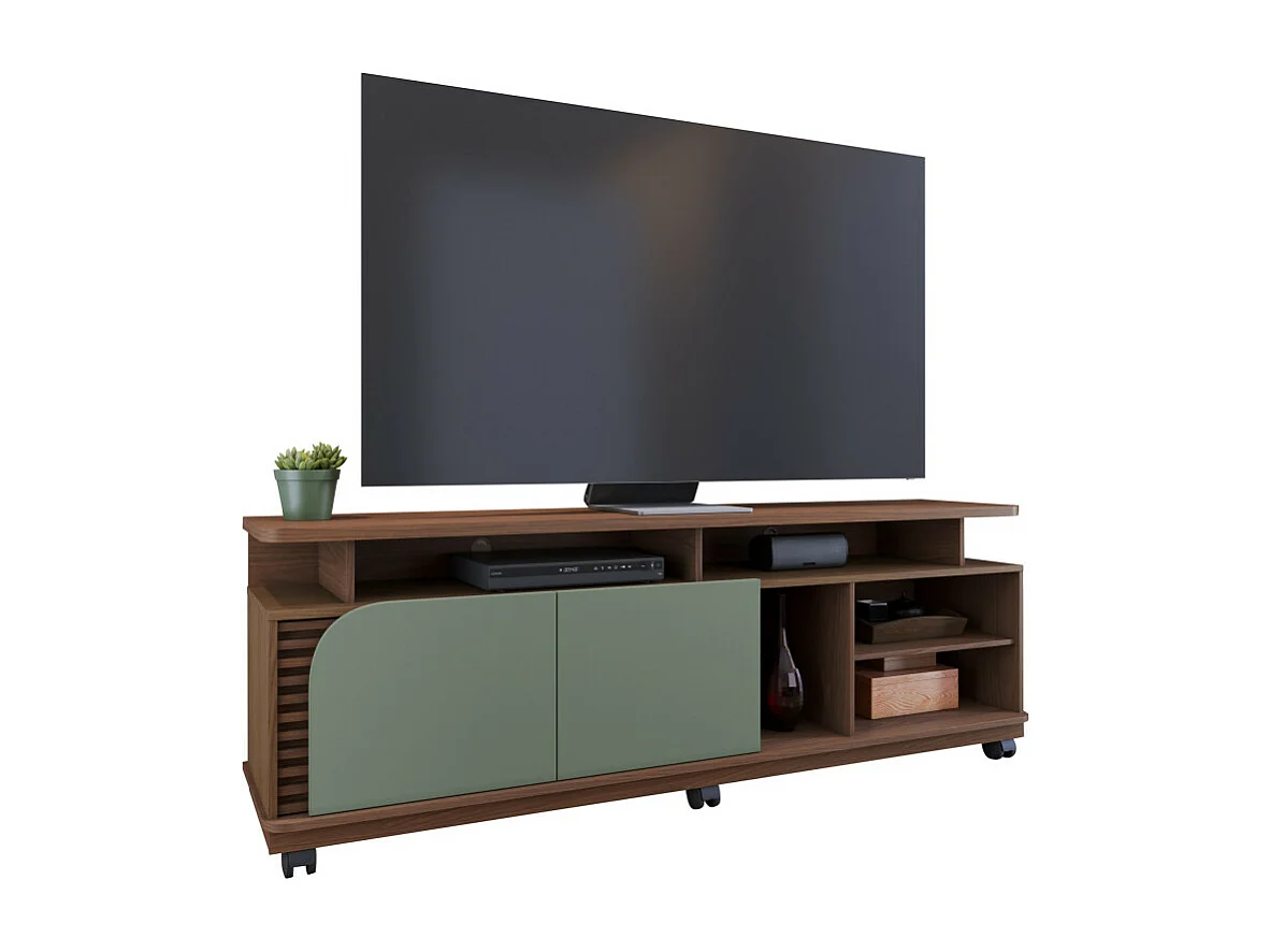 Meuble TV 75 Pouces Vert Olive et Chêne 2 Portes 9 Niches L 180 H 62 P 39.3 cm