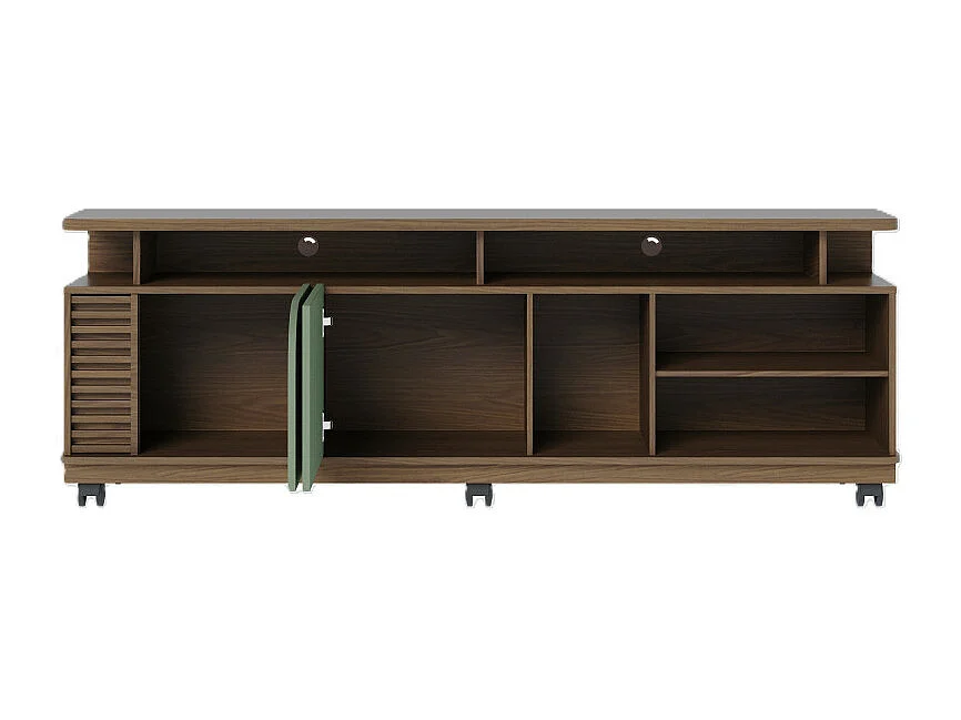 Meuble TV 75 Pouces Vert Olive et Chêne 2 Portes 9 Niches L 180 H 62 P 39.3 cm
