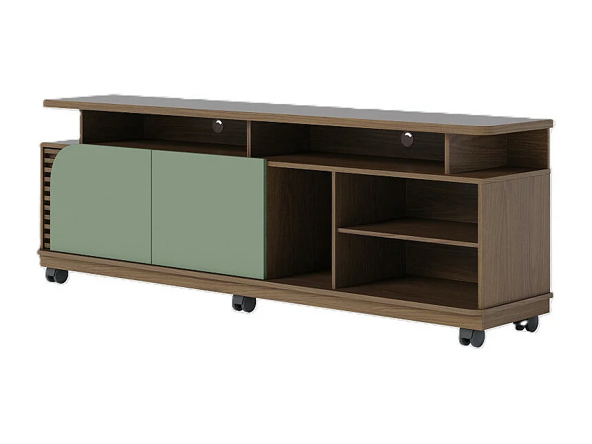 Meuble TV 75 Pouces Vert Olive et Chêne 2 Portes 9 Niches L 180 H 62 P 39.3 cm