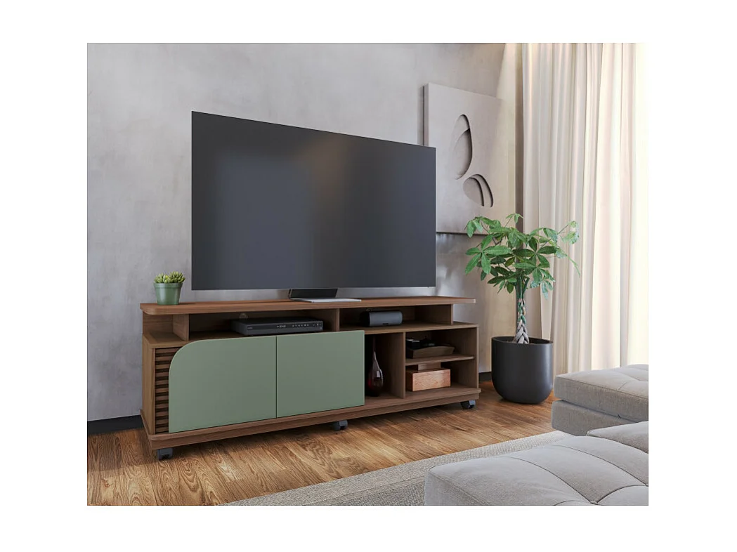 Meuble TV 75 Pouces Vert Olive et Chêne 2 Portes 9 Niches L 180 H 62 P 39.3 cm