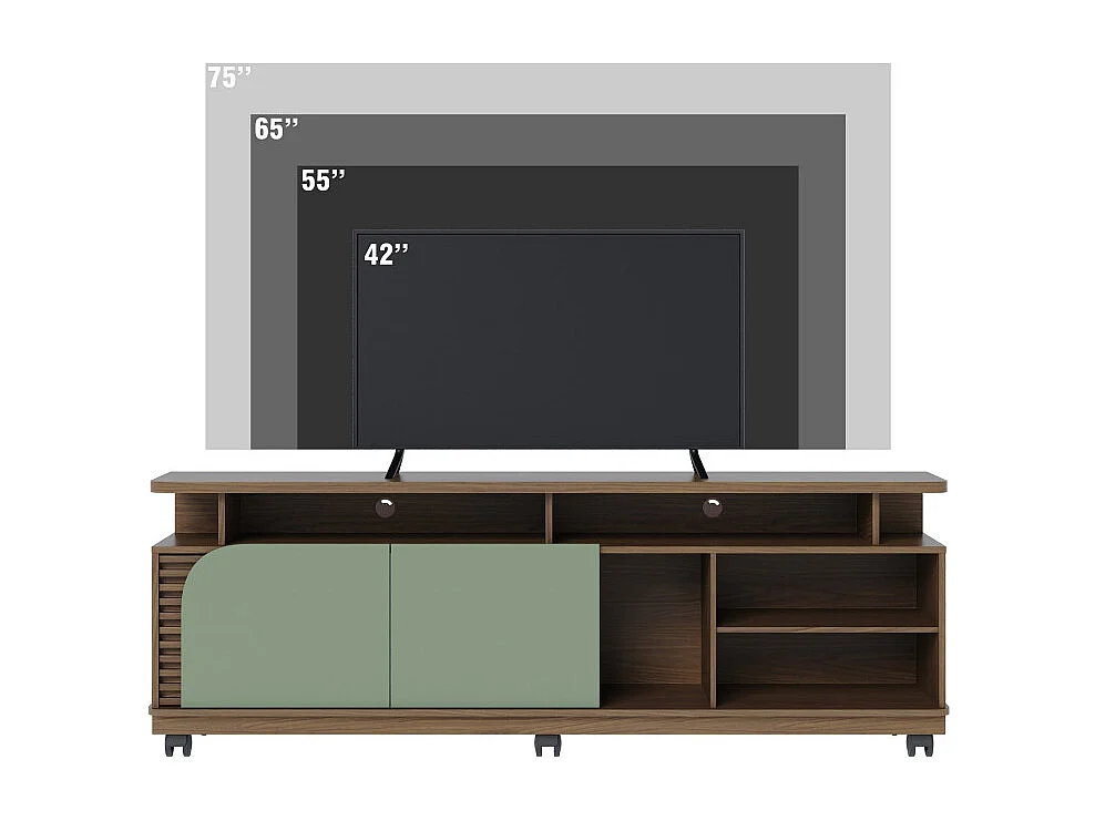 Meuble TV 75 Pouces Vert Olive et Chêne 2 Portes 9 Niches L 180 H 62 P 39.3 cm