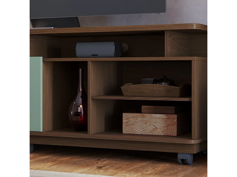 Meuble TV 75 Pouces Vert Olive et Chêne 2 Portes 9 Niches L 180 H 62 P 39.3 cm