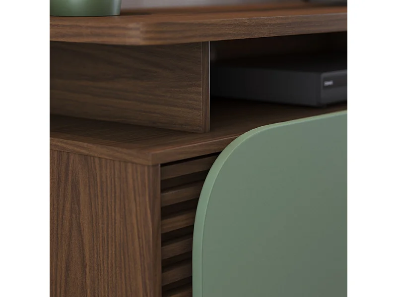 Meuble TV 75 Pouces Vert Olive et Chêne 2 Portes 9 Niches L 180 H 62 P 39.3 cm