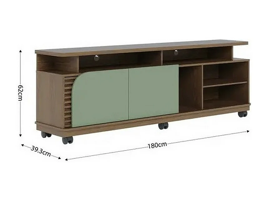Meuble TV 75 Pouces Vert Olive et Chêne 2 Portes 9 Niches L 180 H 62 P 39.3 cm