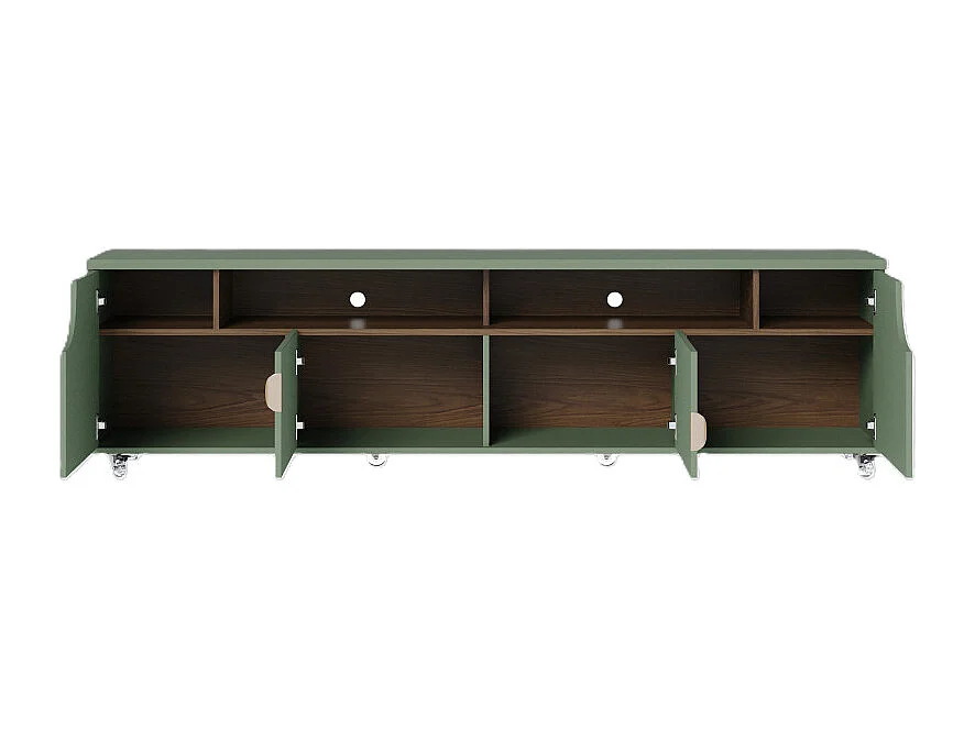 Meuble TV 75 Pouces Veret Olive et Chêne 4 Portes 8 Niches Roulettes L 200 H 55 P 38 cm