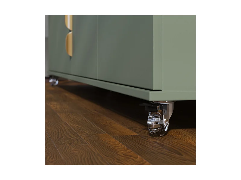 Meuble TV 75 Pouces Veret Olive et Chêne 4 Portes 8 Niches Roulettes L 200 H 55 P 38 cm