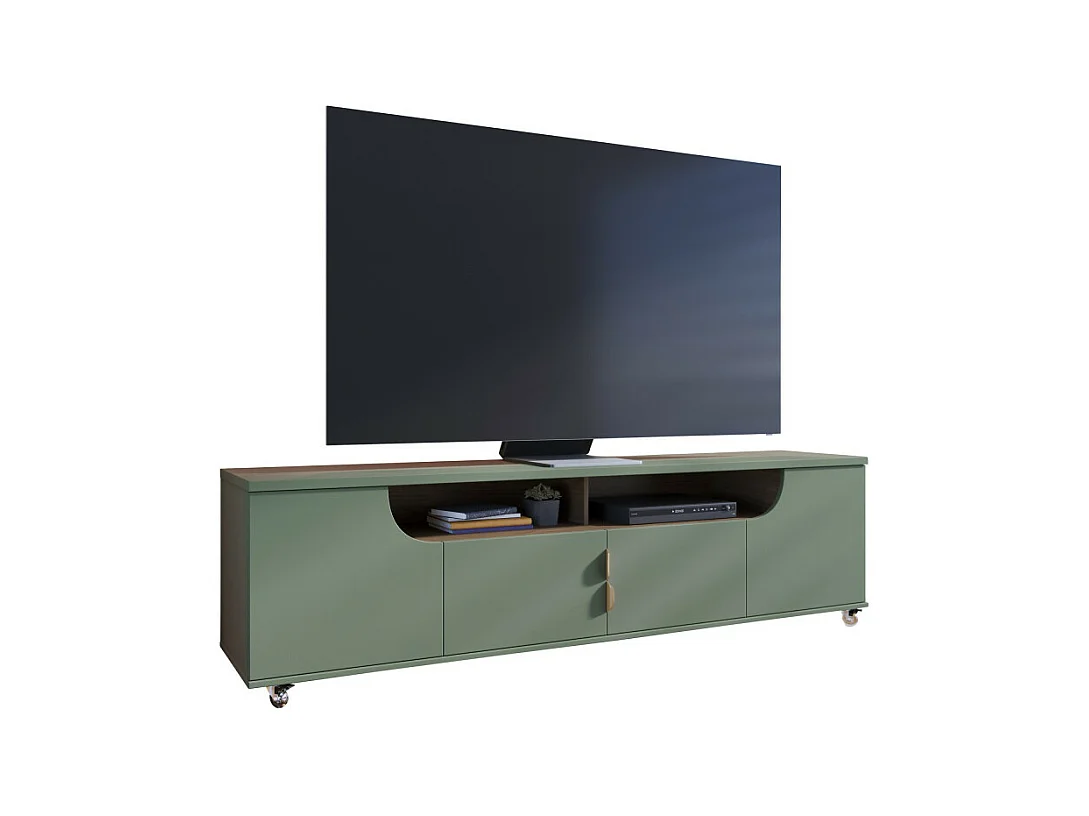 Meuble TV 75 Pouces Veret Olive et Chêne 4 Portes 8 Niches Roulettes L 200 H 55 P 38 cm