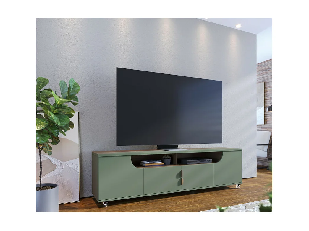 Meuble TV 75 Pouces Veret Olive et Chêne 4 Portes 8 Niches Roulettes L 200 H 55 P 38 cm