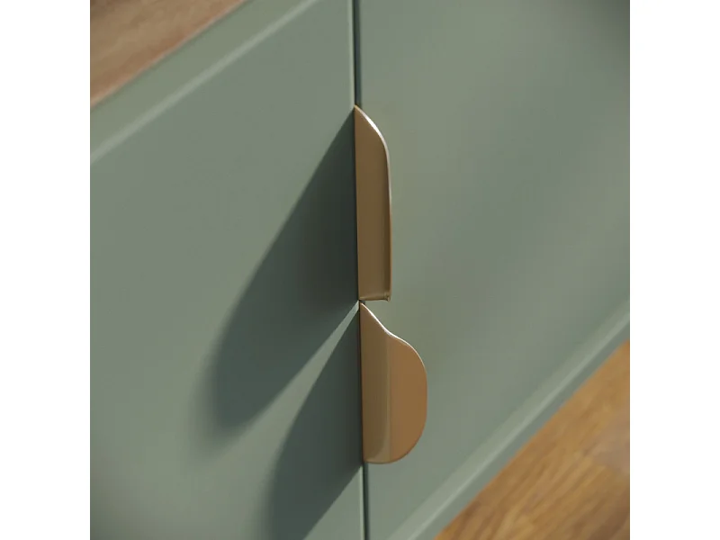 Meuble TV 75 Pouces Veret Olive et Chêne 4 Portes 8 Niches Roulettes L 200 H 55 P 38 cm