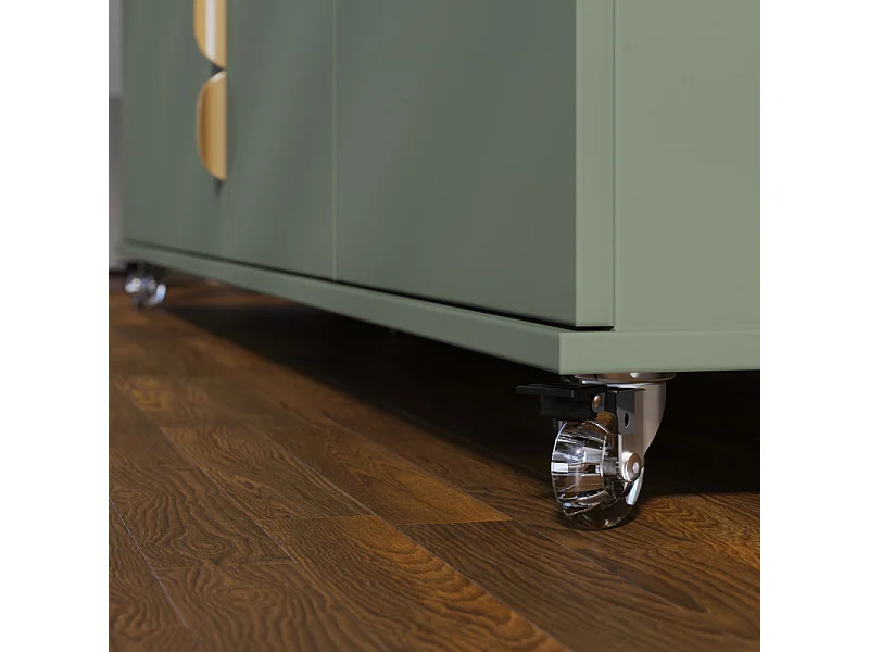 Meuble TV 75 Pouces Veret Olive et Chêne 4 Portes 8 Niches Roulettes L 200 H 55 P 38 cm