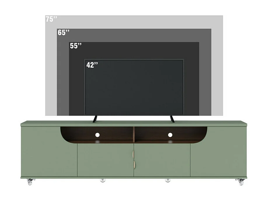 Meuble TV 75 Pouces Veret Olive et Chêne 4 Portes 8 Niches Roulettes L 200 H 55 P 38 cm