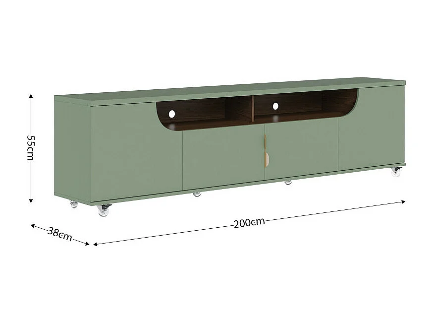 Meuble TV 75 Pouces Veret Olive et Chêne 4 Portes 8 Niches Roulettes L 200 H 55 P 38 cm