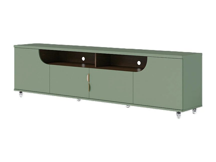 Meuble TV 75 Pouces Veret Olive et Chêne 4 Portes 8 Niches Roulettes L 200 H 55 P 38 cm