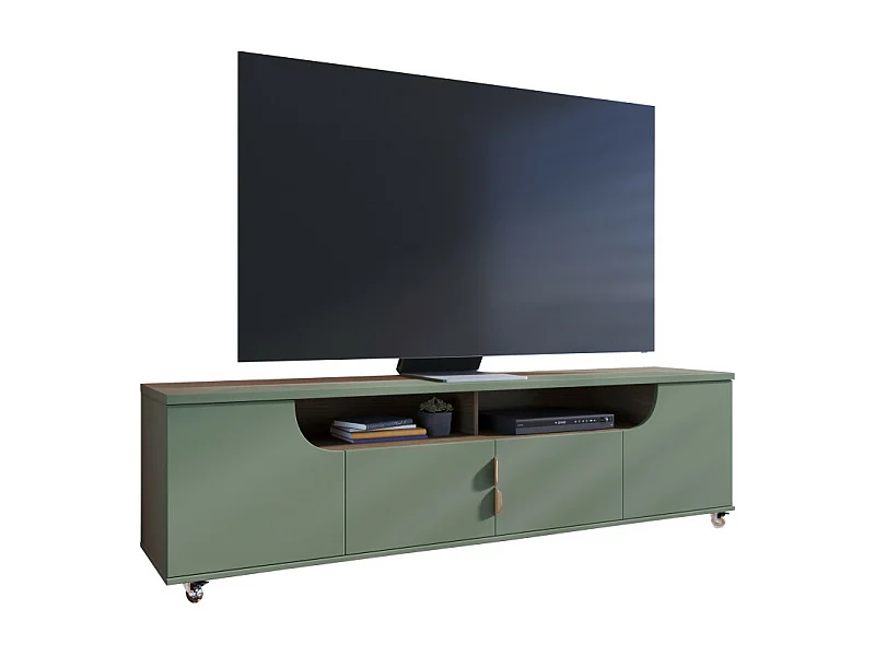 Meuble TV 75 Pouces Veret Olive et Chêne 4 Portes 8 Niches Roulettes L 200 H 55 P 38 cm