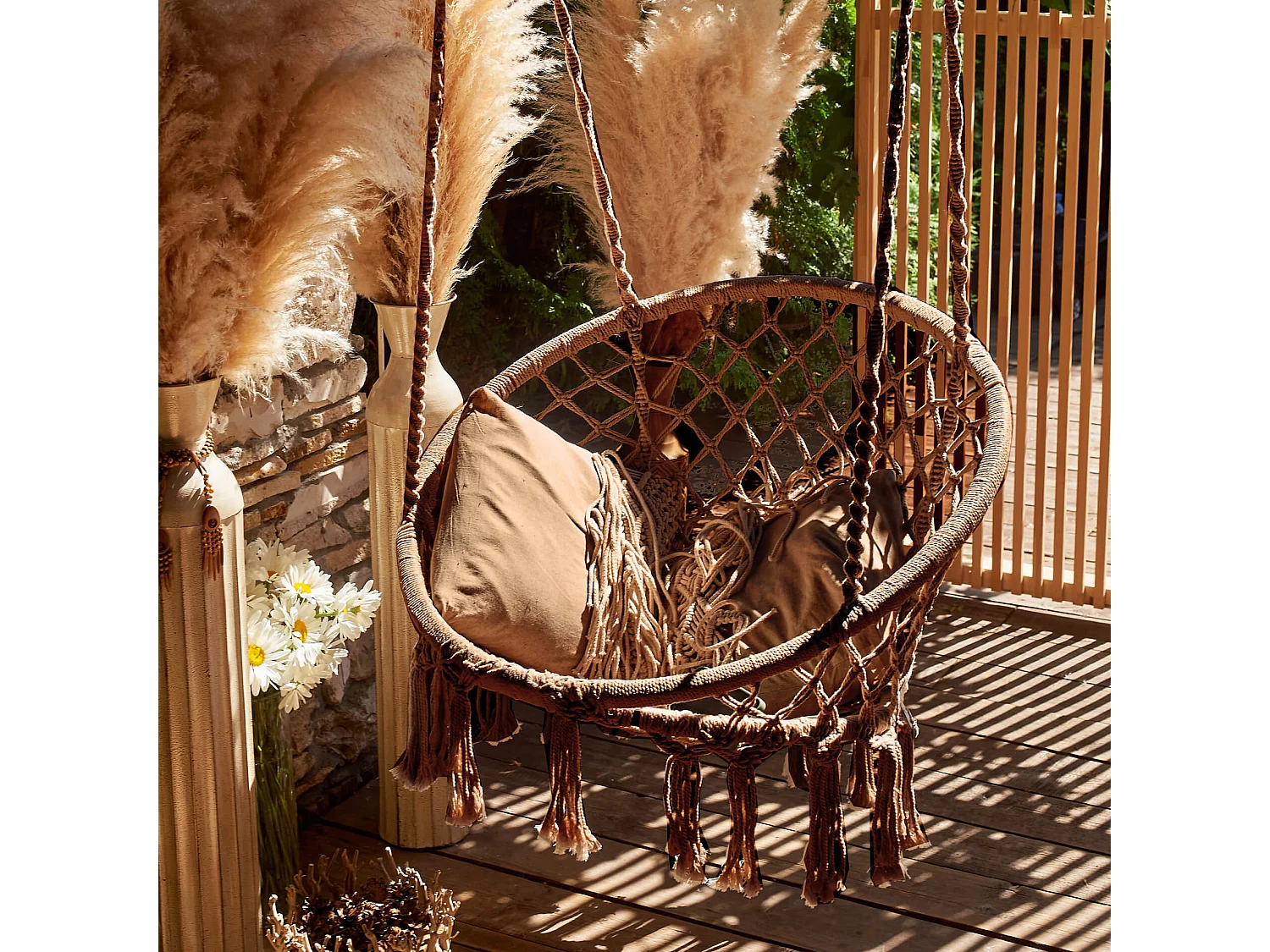 Silla Colgante Rebecca Mobili Astelia 120x80x60 Polialgodón Acero Marrón Boho