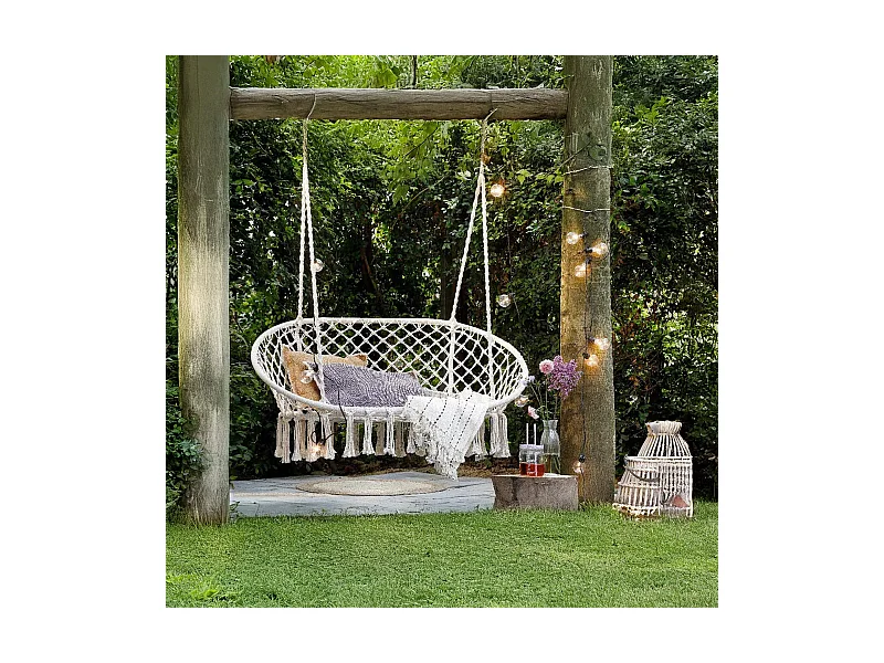 Poltrona Sospesa Rebecca Mobili Gahat 150x130x70 Policotone Acciaio Bianco Crema Boho