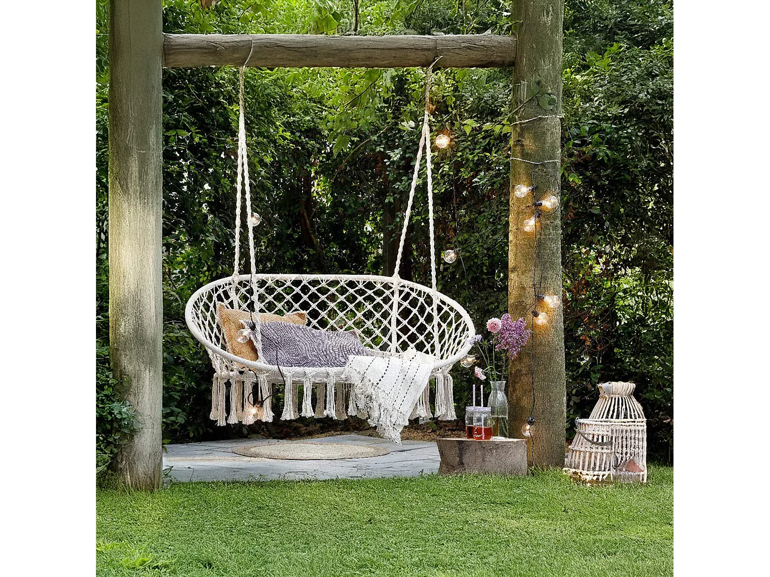 Silla Colgante Rebecca Mobili Gahat 150x130x70 Polialgodón Acero Blanco Crema Boho