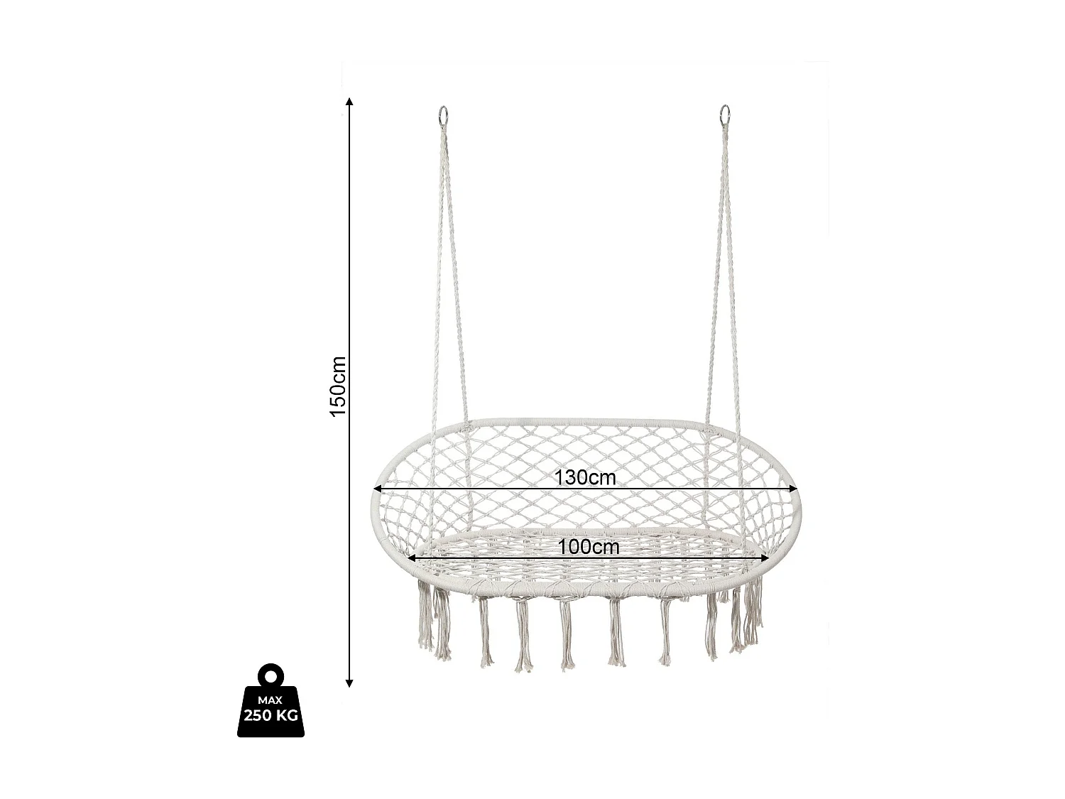 Silla Colgante Rebecca Mobili Gahat 150x130x70 Polialgodón Acero Blanco Crema Boho