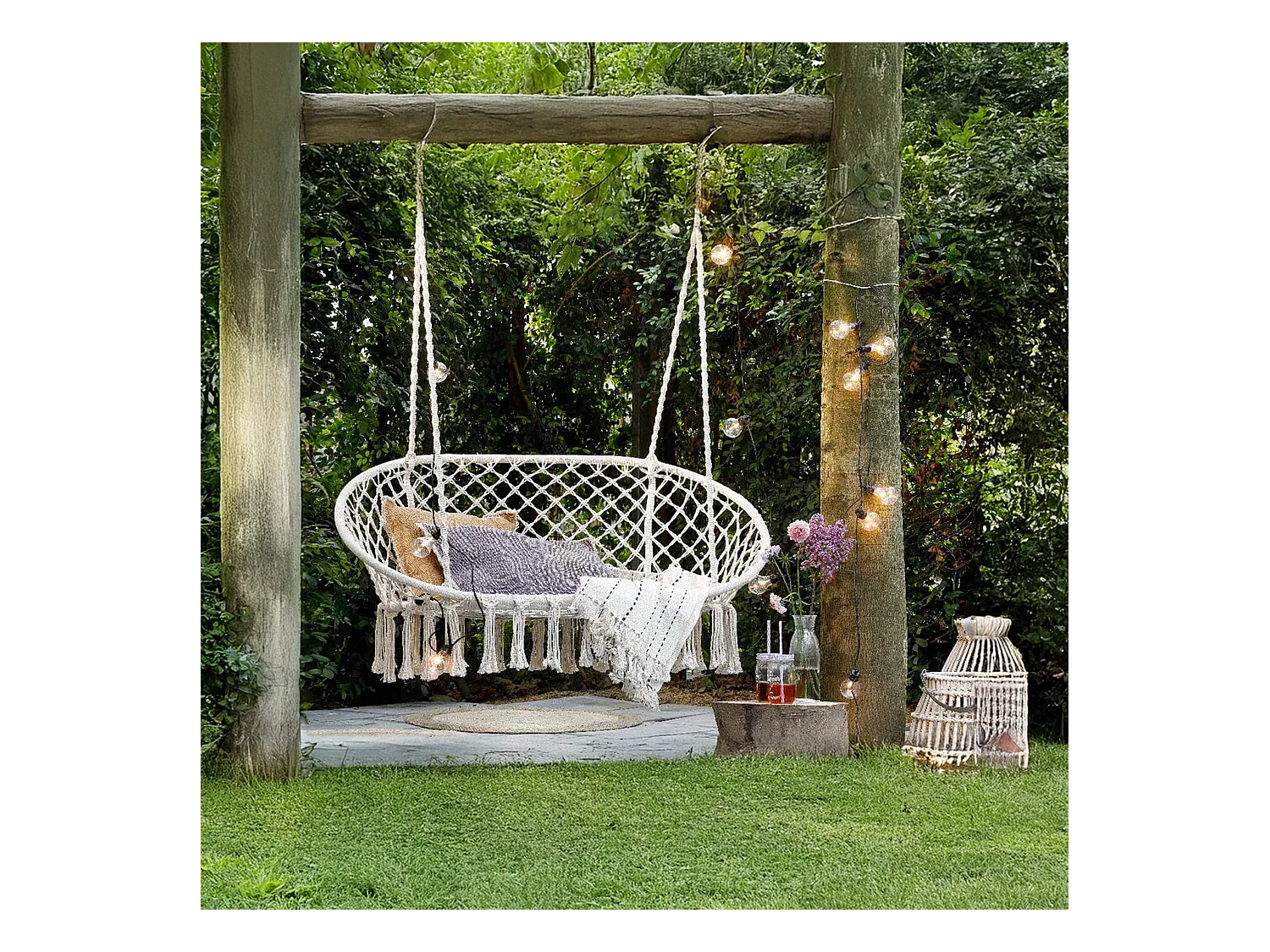 Fauteuil Suspendu Rebecca Mobili Gahat 150x130x70 Polycoton Acier Blanc Crème Boho