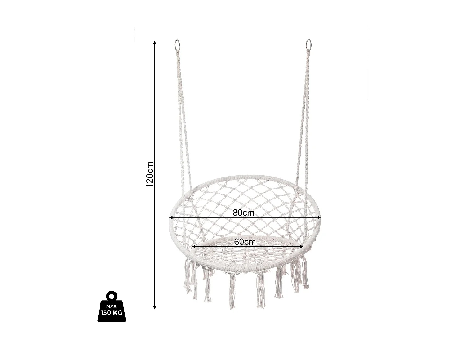 Poltrona Sospesa Rebecca Mobili Kadyos 120x80x60 Policotone Acciaio Bianco Crema Boho