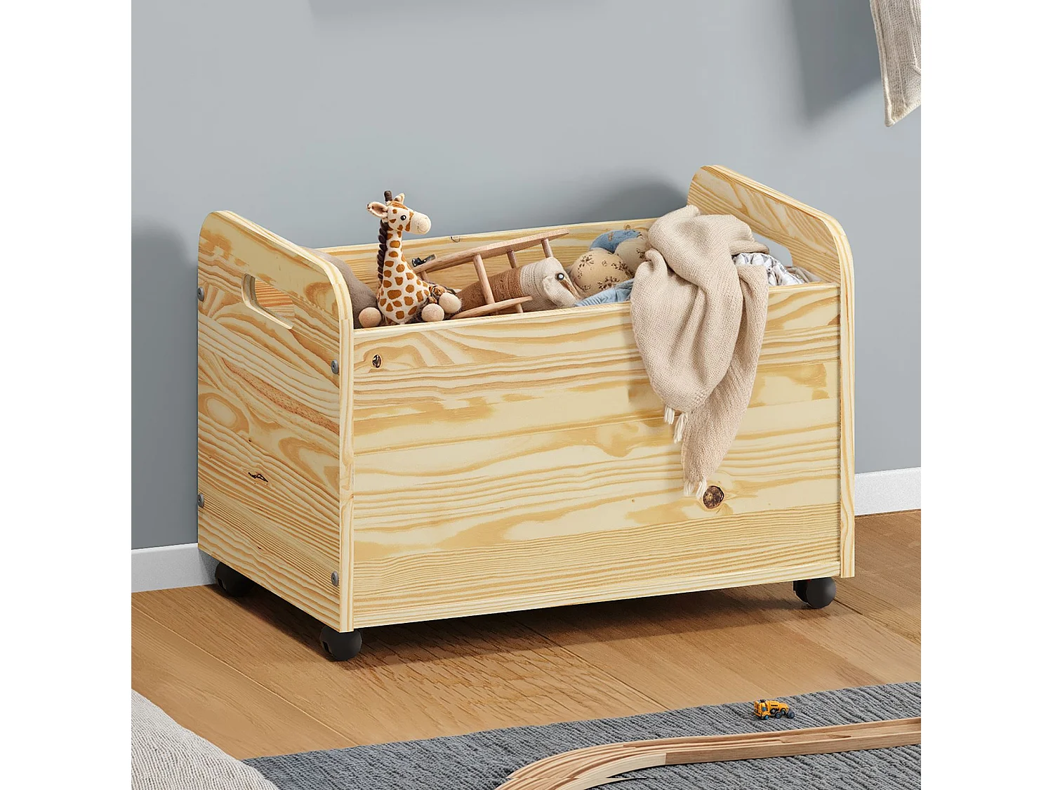 Coffre à jouets BENJAMIN sur roulettes 60 x 43 x 40 cm en bois pour chambre d'enfant, Rangement Montessori jouets peluches