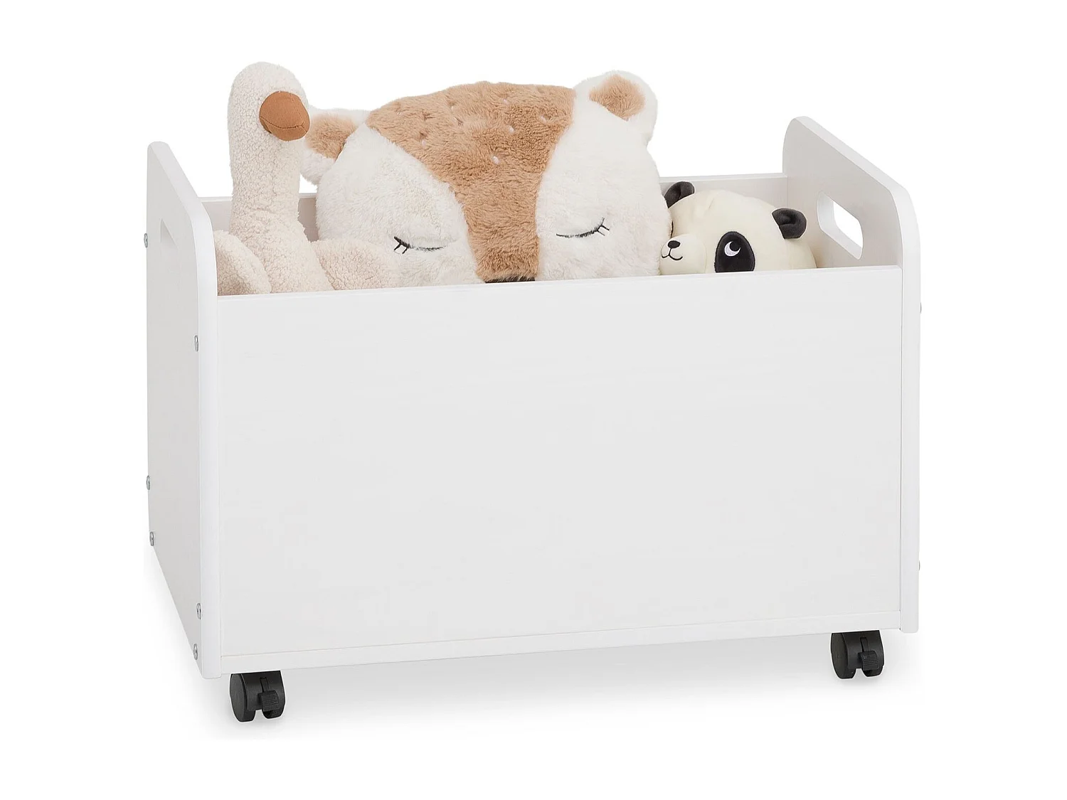 Coffre à jouets BENJAMIN sur roulettes 60 x 43 x 40 cm en bois pour chambre d'enfant, Rangement Montessori jouets et peluches, Blanc