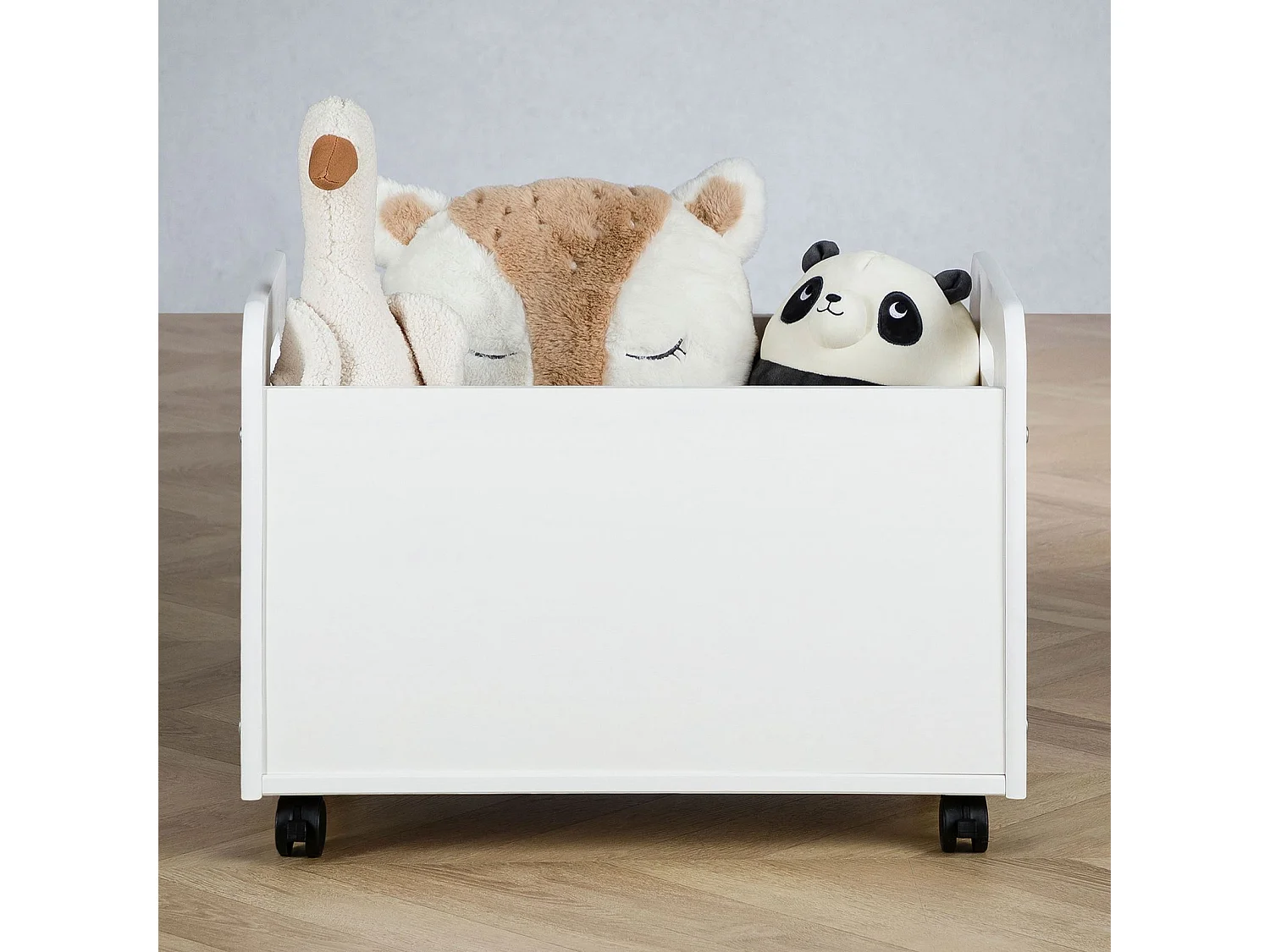 Coffre à jouets BENJAMIN sur roulettes 60 x 43 x 40 cm en bois pour chambre d'enfant, Rangement Montessori jouets et peluches, Blanc